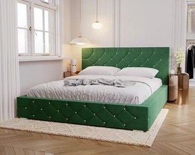 Emporius Solar łóżko tapicerowane 140x200 cm - eleganckie łóżko w stylu glamour - kryształki, pojemnik i stelaż, tkanina aksamitna, zielony (Magic Velvet 2225)