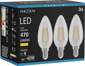 Mexen Vintis 3x żarówka filament LED E14, C35, 4W, Ciepła - 2700K, 470 lm, clear - L154-E14-0427-00x03