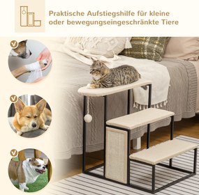 PawHut Schodki dla Kota z Drapakiem, 3 Stopnie, Kula do Zabawy, Solidne, Stal+Sizal, Kremowy+Czarny, 51 x 54 x 53cm