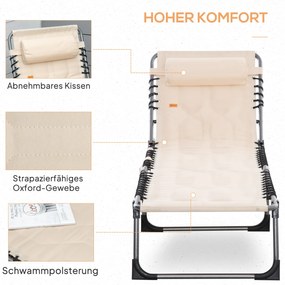 Leżanka składana Outsunny, ogrodowa z poduszką, z regulowanym oparciem na 5 pozycji, z tkaniny Oxford, 188 x 57 x 30 cm, Beżowa