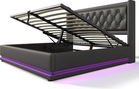 Łóżko z pojemnikiem 140x200 cm - z zagłówkiem, USB/Typ-C, 3-stronnym oświetleniem LED, stelażem - czarne - materac w cenie