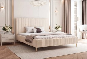 BESILIO Łóżko do sypialni 120x200 Vienna II - Łóżko z pojemnikiem, łóżko slim, wysokie złote nogi, stelaż listwowy - Tkanina miękki sztuks - Kremowy