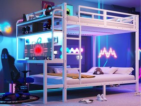 Łóżko piętrowe 140x200 cm - z przegródkami do przechowywania - z biurkiem - z oświetleniem LED - z portem USB - biały​ (materac nie jest wliczony w cenę)