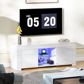 HOMCOM Stolik RTV z LED biała szafka pod telewizor do salonu z półką szklaną i otworami na kable | Aosom PL