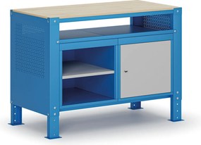 Stół warsztatowy G9, 2 półki, 1 szafka, z regulacją wysokości, 1180 x 595 x 715-975 mm, szary/niebieski