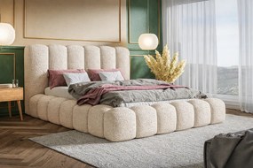 Łóżko tapicerowane 140x200 Madeno - gruba pianka, pojemnik, stelaż metalowy - tkanina boucle, beżowy (Catch Me 2)