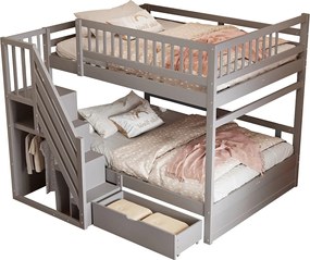 Łóżko piętrowe dla dzieci - 2 x 140 x 200 cm - z 1 szufladą + schowkiem schodowym - drewno + płyta MDF - szare