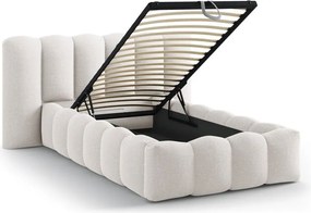 Kremowe tapicerowane łóżko jednoosobowe ze schowkiem ze stelażem 90x200 cm Lupine – Micadoni