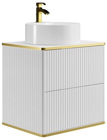 Podwieszana szafka łazienkowa prążkowana ze złotym wykończeniem z okrągłą umywalką nablatową - Biała - Szer. 60 cm - KELIZA