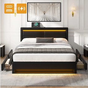 Łóżko tapicerowane 140 x 200 cm z 4 szufladami i zagłówkiem - port USB + diody LED - skóra ekologiczna - czarne (bez materaca)