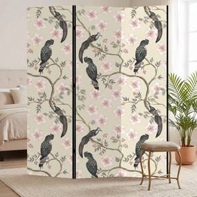 Parawan pokojowy 3-częściowy 135x172 Dwustronny dekoracyjny chinoiserie vintage Kremowy Tukany W Hibiskusach