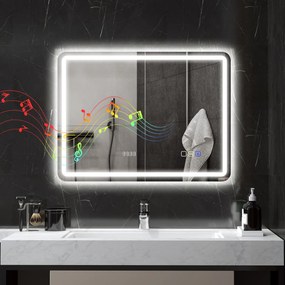 HOMCOM Lustro łazienkowe z podświetleniem LED, mata przeciwmgielna, 3 regulowane kolory, zegar, 600 x 800 mm, kolor srebrny | Aosom PL