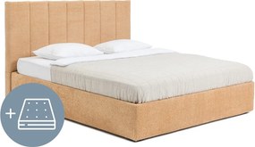 Musztardowe tapicerowane łóżko dwuosobowe ze schowkiem z materacem i stelażem 180x200 cm Thessa Bold Line – Bonami Selection