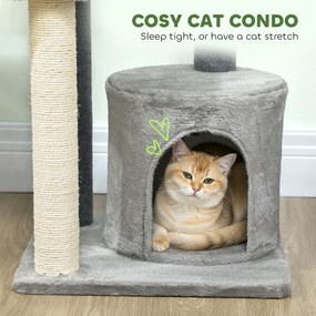 PawHut Drapak 103 cm z domkiem dla kota, platformami, słupkami owiniętymi sizalem, pluszową zawieszką, szary | Aosom PL
