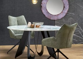 Okrągły nierozkładany stół Femii 135 cm z zielonym blatem imitującym marmur i czarnymi metalowymi nogami
