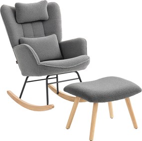 HOMCOM Fotel bujany z podnóżkiem, miękkie pokrycie polarowe, drewniane nogi, poduszka, wysokie oparcie, fotel bujany, ciemnoszary