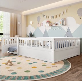 Stelaż łóżka dziecięcego - 140 x 190 cm - z barierkami i drzwiczkami - ze stelażem - drewno - kolor biały