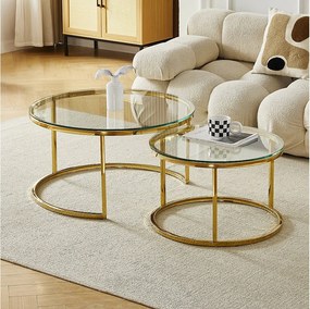 Zestaw stolików kawowych MILA – Hartowane szkło przezroczyste i złoty metal