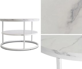 Stolik kawowy Best 70 cm, okrągły, z półką, do salonu, biały marmur/biały