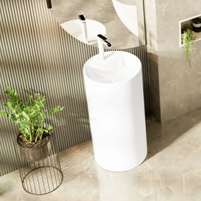 Umywalka z konglomeratu wolnostojąca okrągła biała błyszcząca 87 x 44 cm KALMI WHITE GLOW z otworem na baterię : Podłączenie syfonu - Do podłogi