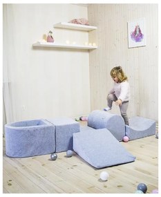 Piankowy zestaw do zabawy z suchym basenem 57x45x30cm/100 piłek 7cm, plac zabaw dla dziecka, 5 elementów, welurowy, jasnoszary, piłki: białe, biała perła, błękitne, pastelowy róż - meowbaby®