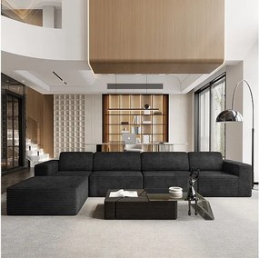 Duża Modułowa Sofa 4-osobowa w Welurze Żebrowanym, z pufą i 4 poduszkami, 404x202x82cm, Czarny