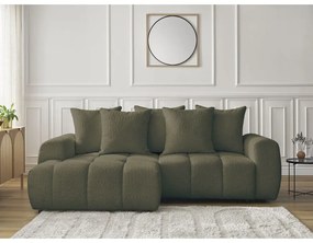 Rozkładany/ze schowkiem narożnik z materiału bouclé (lewostronny/z szezlongiem) w kolorze khaki Roxelane – Bobochic Paris