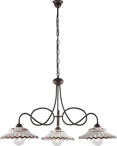 Żyrandol Bistrot z czarnego lakierowanego żelaza, dekor imitujący rdzę, ceramiczne dyfuzory Ø30 cm, ręcznie zdobione białe i brązowe, 3 światła