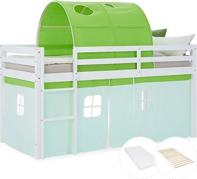 Łóżko piętrowe 90x200 cm zielone lite drewno sosnowe zasłona tunel