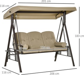 Outsunny huśtawka ogrodowa 3osobowa z daszkiem przeciwsłonecznym poduszka metal poliester khaki 116x206x183cm | Aosom PL