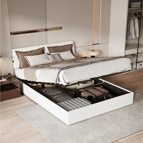 Łóżko chowane w ścianie 140x190 cm z regulowanym zagłówkiem, portami USB-C i USB, wbudowaną przestrzenią do przechowywania – tkanina w kolorze złamanej bieli