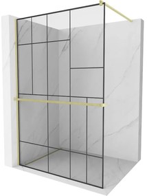 Mexen Kioto+ ścianka prysznicowa z półką Walk-in 140 x 200 cm, czarny wzór, złota szczotkowana - 800-140-121-55-78