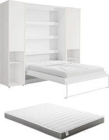 Łóżko chowane w szafie pionowe 160 x 200 cm - 2 kolumny do przechowywania - Z oświetleniem LED - Białe + Materac - RAPILI