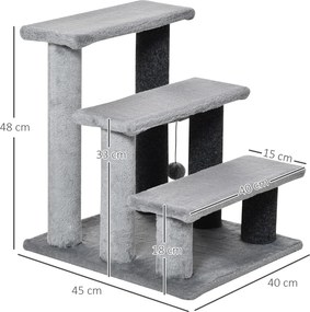 PawHut Drabinka dla Kota 3-stopniowa z Kratzami i Piłką, Drabinka dla Zwierząt dla Kotów do 5 kg Plusz Juta Szary 45 x 40 x 48 cm