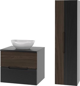 Zestaw Łazienkowy 60cm Szafka z Blatem Umywalka Słupek Czarny Mat / Orzech Avella