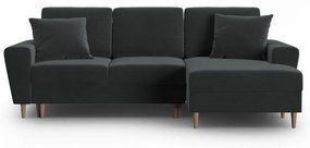 Ciemnoszary aksamitny rozkładany/ze schowkiem narożnik (prawostronny/z szezlongiem) Kyoto – Cosmopolitan Design
