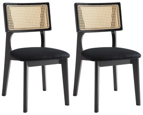 Zestaw 2 krzeseł z aksamitu, efekt rattanu i drewno kauczukowe - Czarny - CALENYA
