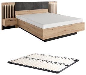 Łóżko z szafkami nocnymi 160 x 200 cm - Z oświetleniem LED - Naturalny i czarny + Stelaż - ARIADA