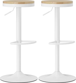 HOMCOM Stołki barowe 2 szt., regulowane, obrotowe 360° z ramą stalową i podnóżkiem 38,5x38,5x60-80 cm Drewno naturalne+Biały | Aosom PL