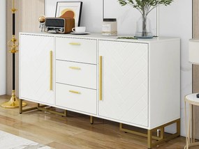 Nowoczesny buffet 145x40x75cm - z 2 frontami i 3 szufladami - z regulowanymi półkami - wzór jodełkowy - Biały