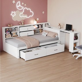 Sofa dziecięca rozkładana - 90 x 200 cm - z półkami do przechowywania + 2 szuflady + wysuwane biurko - drewno - biała