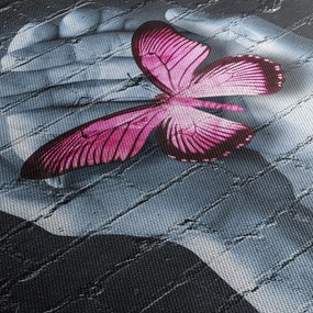 Obraz - Różowy motyl w ścianie (z zegarem) (90x30 cm)