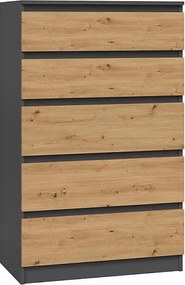 Komoda Malwa M5 | Antracyt/Dąb Artisan | 70x40x109,5 cm | Komoda z 5 Szufladami