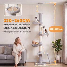 PawHut Drapak sięgający sufitu 230–260 cm, regulowana wysokość, drzewko dla kota z 5 poziomami, 3 grube słupki sizalowe, płyta do drapania z sizalu | Aosom PL