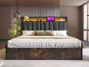 Łóżko z pojemnikiem 180x200cm z tkaniny lnianej - z LED, portami ładowania i stelażem na listwy - Szare