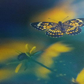 Obraz - Żółty motyl z kwiatami (170x50 cm)