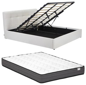 Łóżko ze skrzynią 180 x 200 cm - Tkanina z bukli - Biały + Materac - MAZIRI