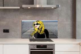 Szkło do Kuchni na Ścianę Kobieta w Okularach i Czerwonych Ustach