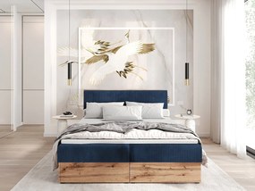 Łóżko kontynentalne TILIA-160x200cm Pojemniki na pościel|Topper|Łóżko podwójne|Materac bonellowy|Tkanina sztruksowa|Łóżko tapicerowane|Płyta Wotan-Ciemnoniebieski