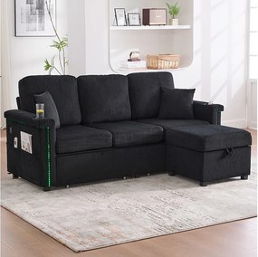 Sofa 3-osobowa z czarnego sztruksu z LED i USB, podnóżkiem ze schowkiem i 2 szufladami